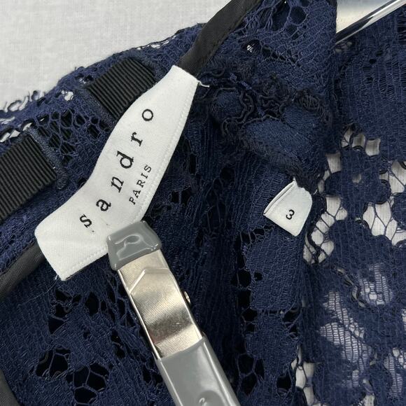 SANDRO Rina Long Sleeve Lace Dress Womens Large Navy Blue Black Sheath Mini - Picture 11 of 16